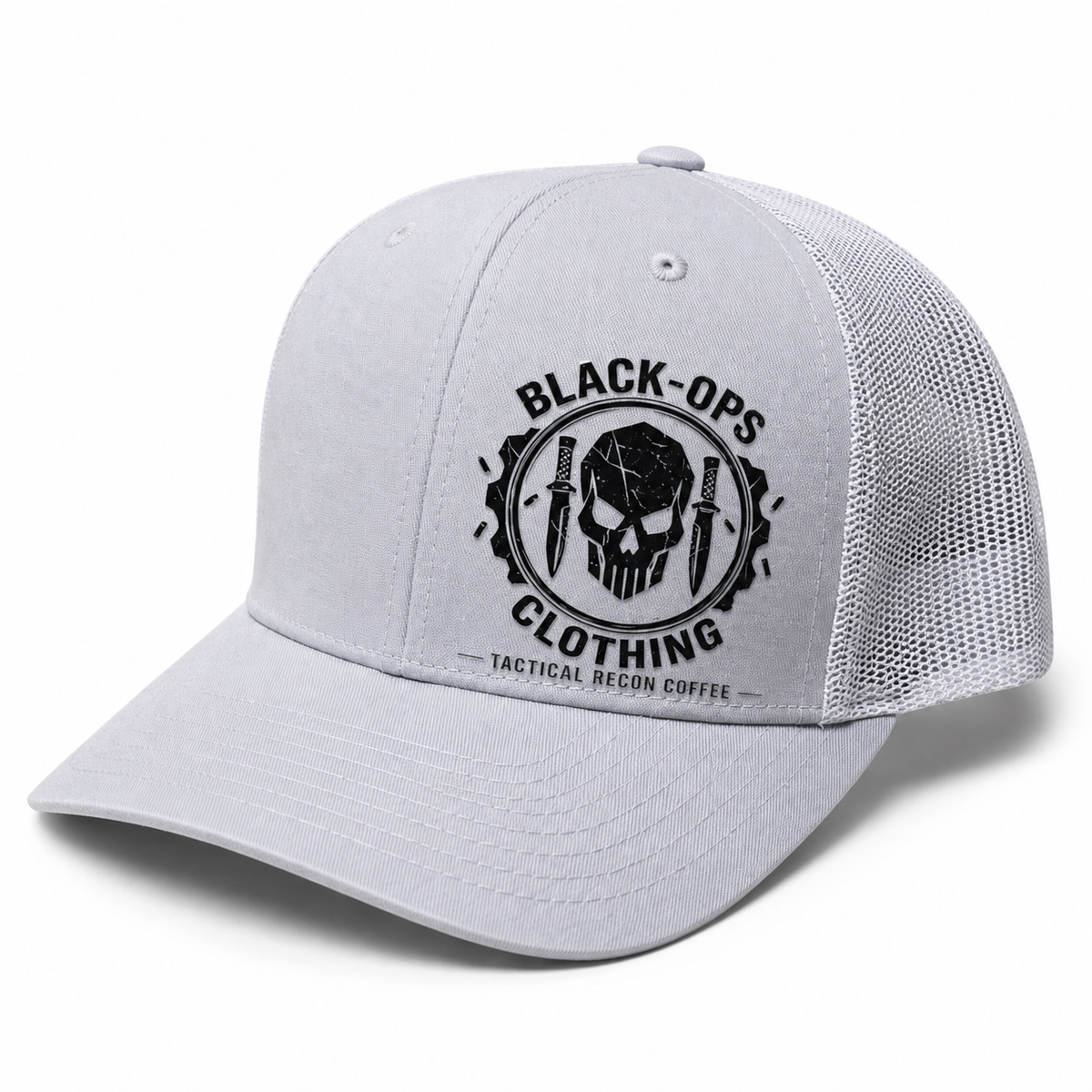 Grey black-ops clothing trucker cap UV DTF DESIGN