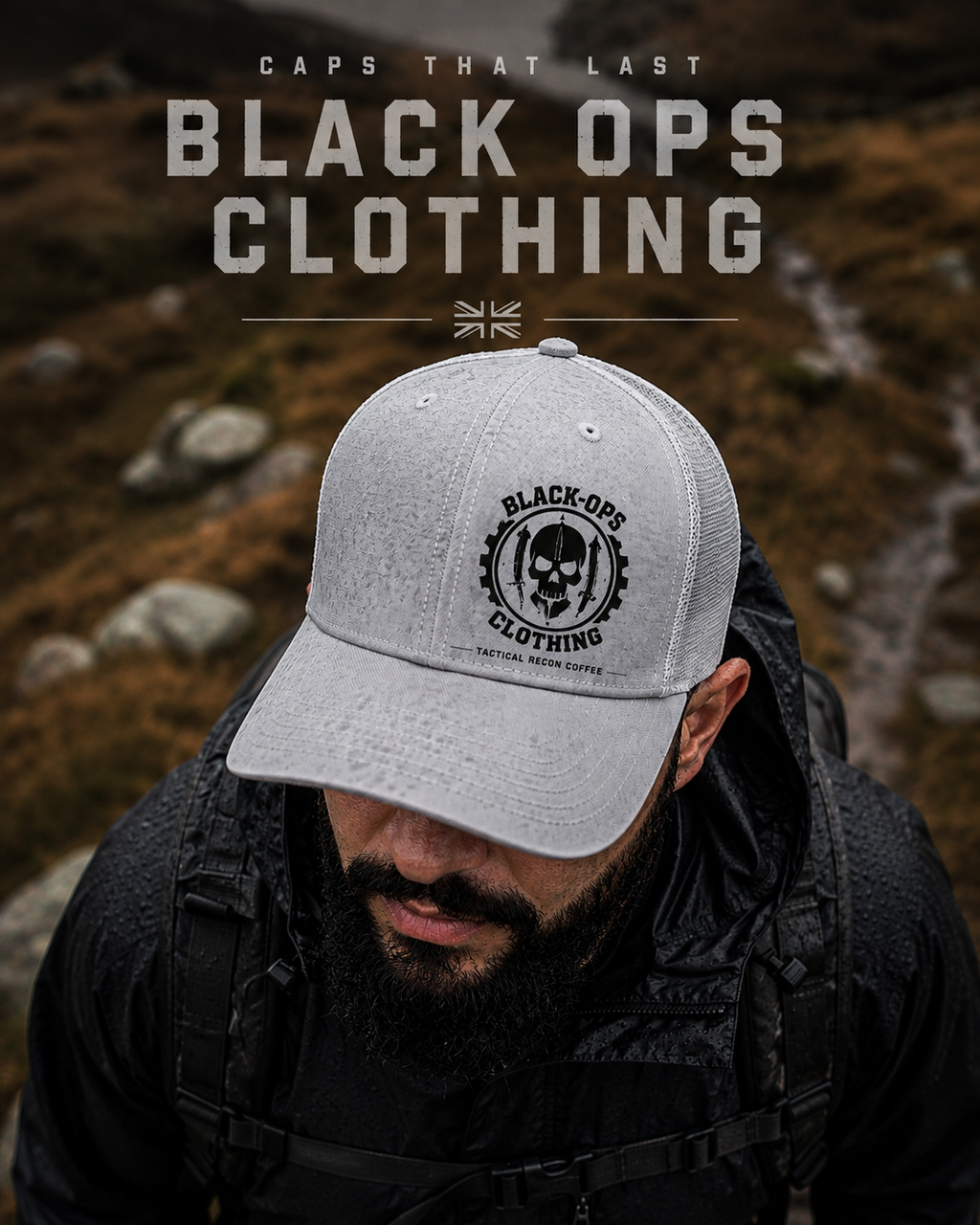 Grey black-ops clothing trucker cap UV DTF DESIGN