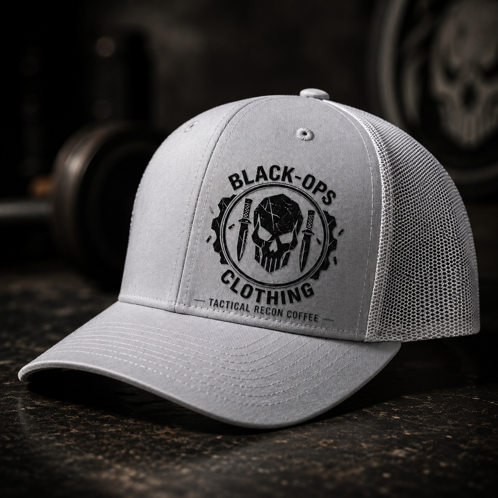 Grey black-ops clothing trucker cap UV DTF DESIGN